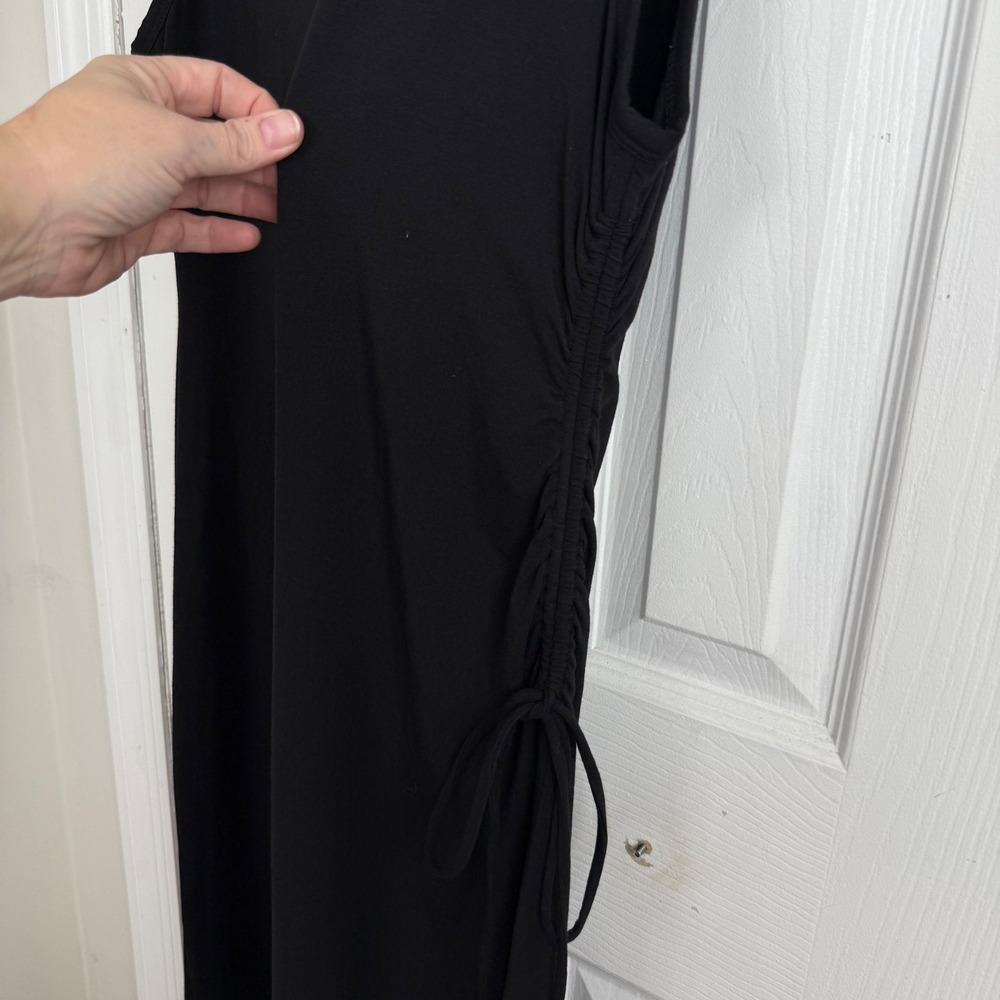 Theory Black Sleeveless Ruched Side Midi Dress L Stretchy Bodycon Classic Chic - Picture 4 of 9